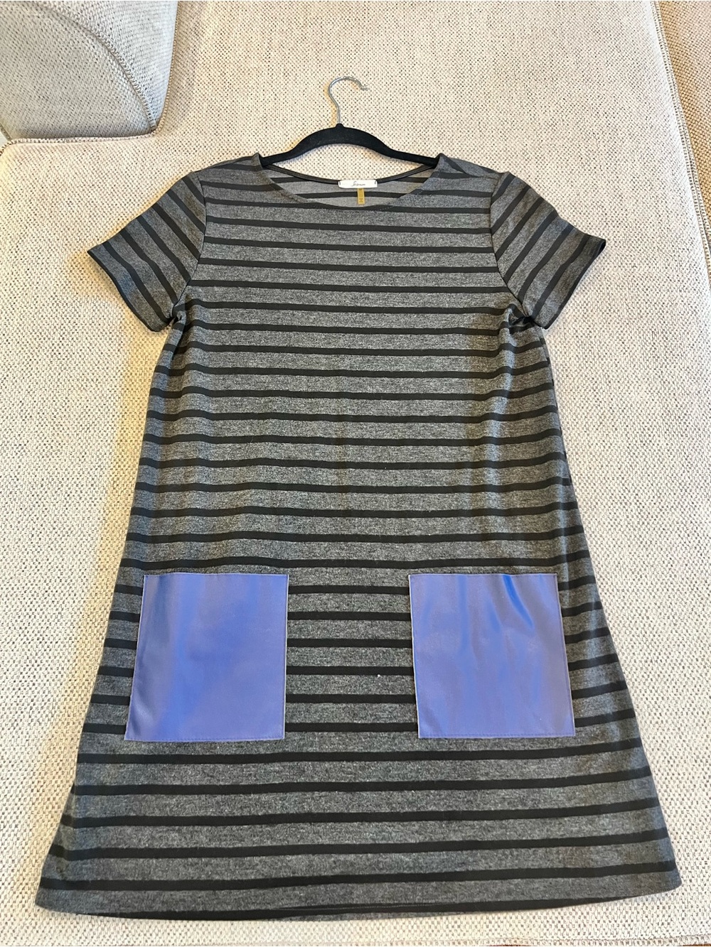Soprano Gray and Black Striped Mini Dress with Blue Patch Pockets